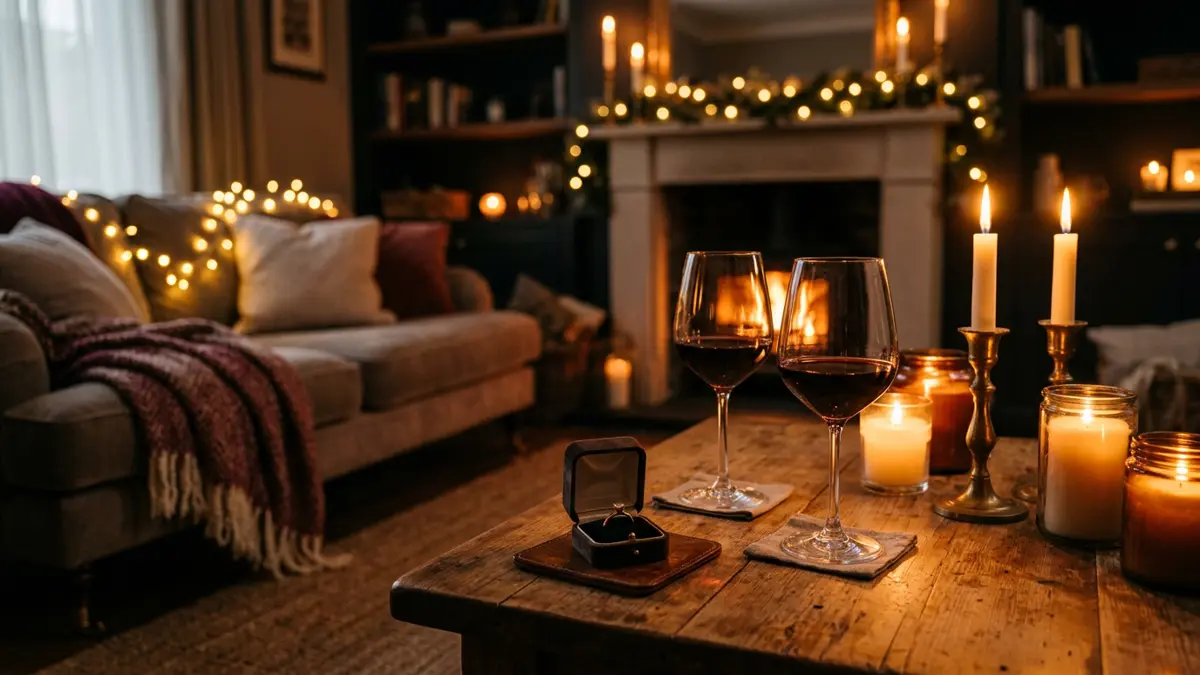 Wohnzimmer im Kerzenlicht mit geöffneter Ringschatulle auf dem Tisch